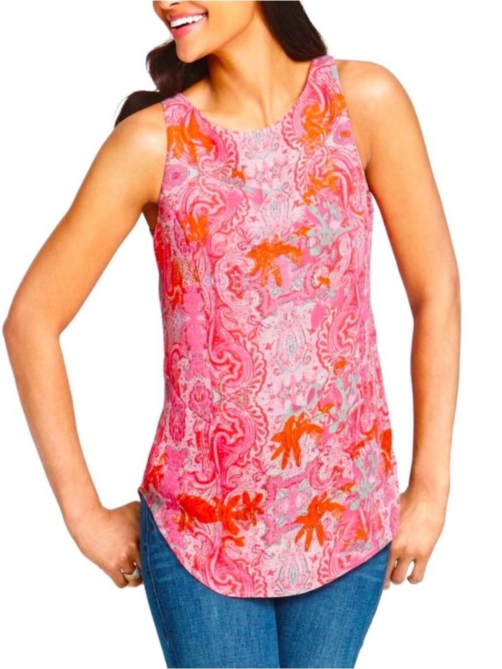 Cabi Jubilee Tank Top 127 Pink Orange Paisley Sleeveless Blouse Zip Back NWT S